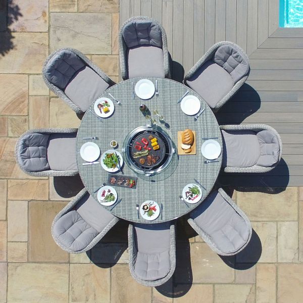 Oxford 8 Seat Round Fire Pit Dining Set with Heritage Chairs and Lazy Susan - Modern Rattan
