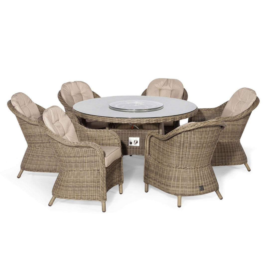 Winchester 6 Seat Round Fire Pit Dining Set with Heritage Chairs and Lazy Susan - Modern Rattan