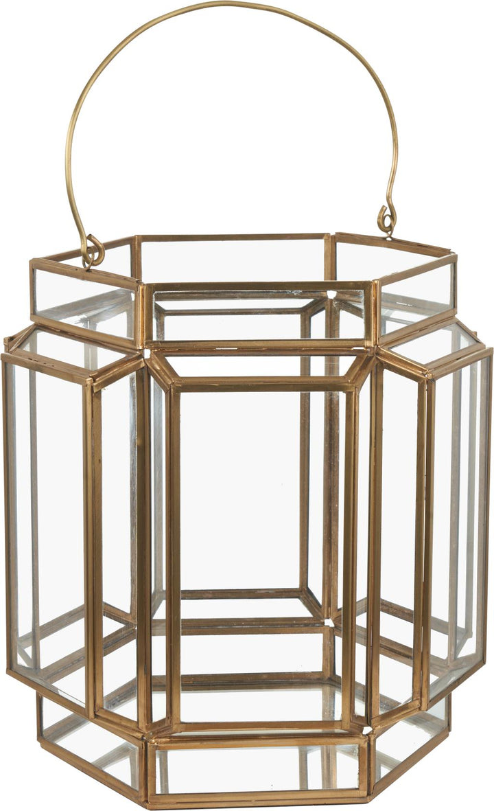 Shiny Brass Metal and Glass Hexagon Wide Lantern
