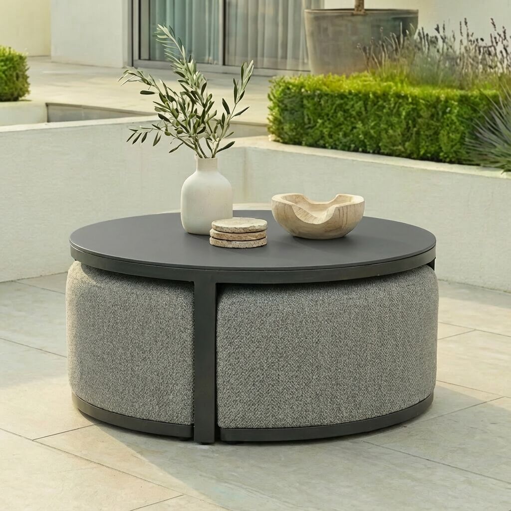 Ibiza Round Coffee Table With 3 Footstools