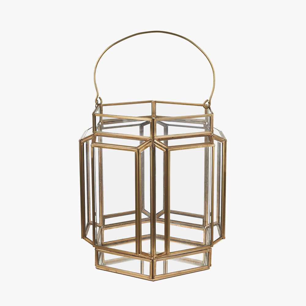 Shiny Brass Metal and Glass Hexagon Wide Lantern