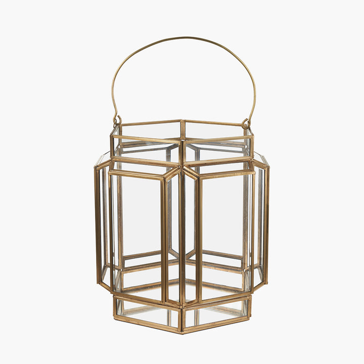 Shiny Brass Metal and Glass Hexagon Wide Lantern