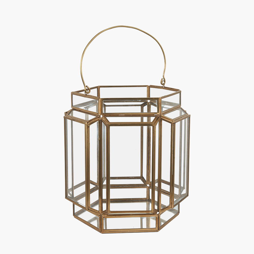 Shiny Brass Metal and Glass Hexagon Wide Lantern