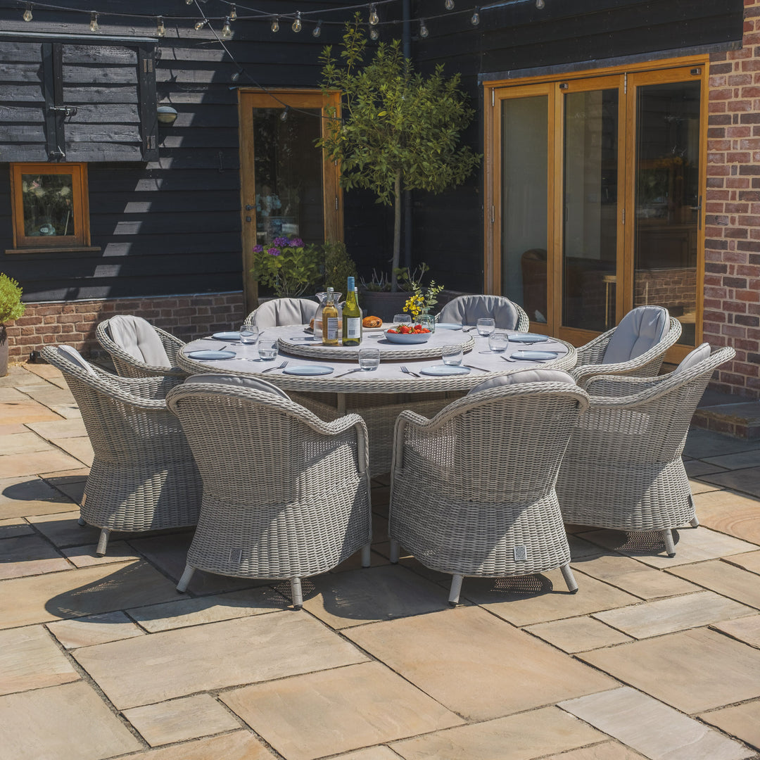 Oxford 8 Seat Round Dining Set with 
Heritage Chairs and Lazy Susan - Ceramic Top