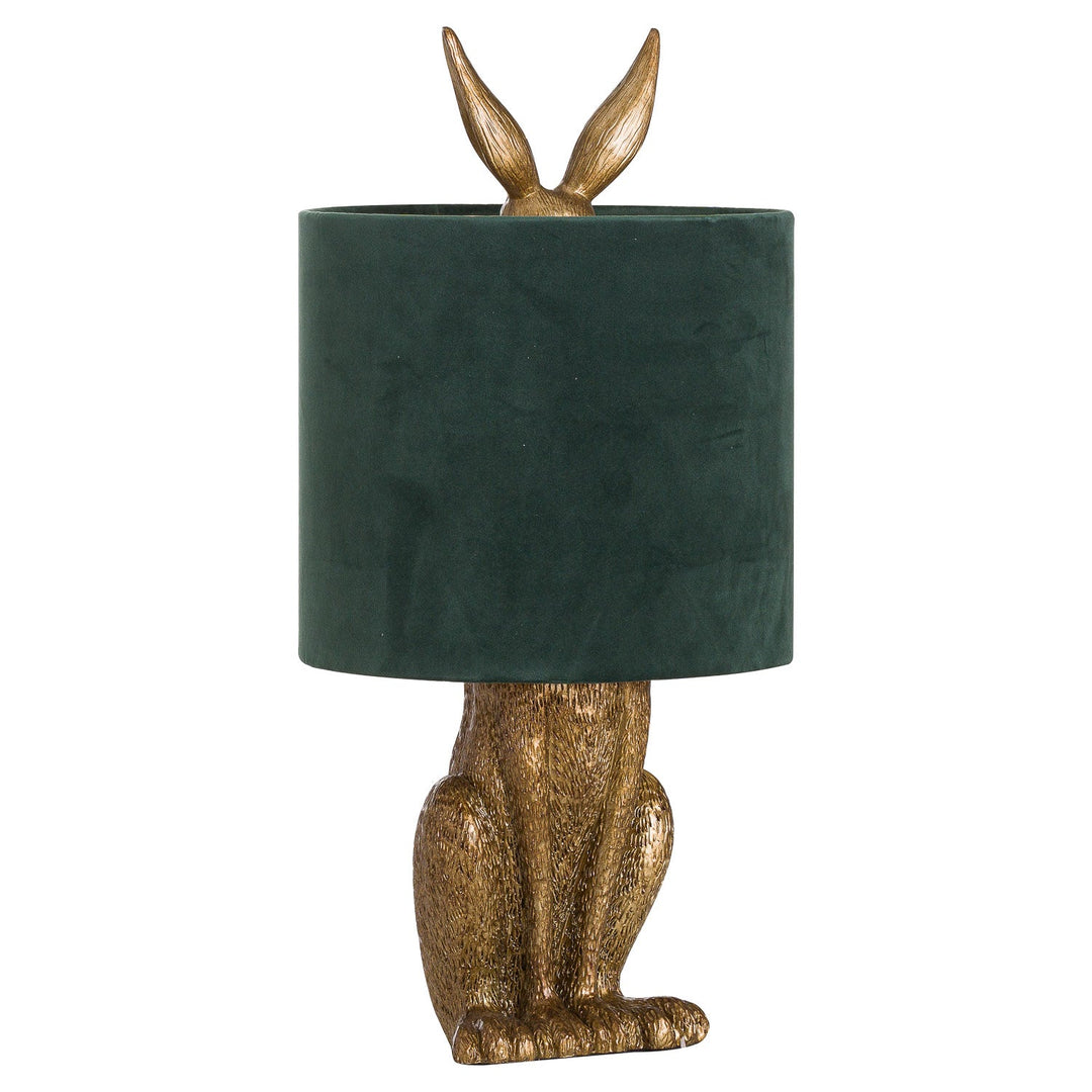 Antique Gold Hare Table Lamp With Green Velvet Shade - Modern Rattan Ltd