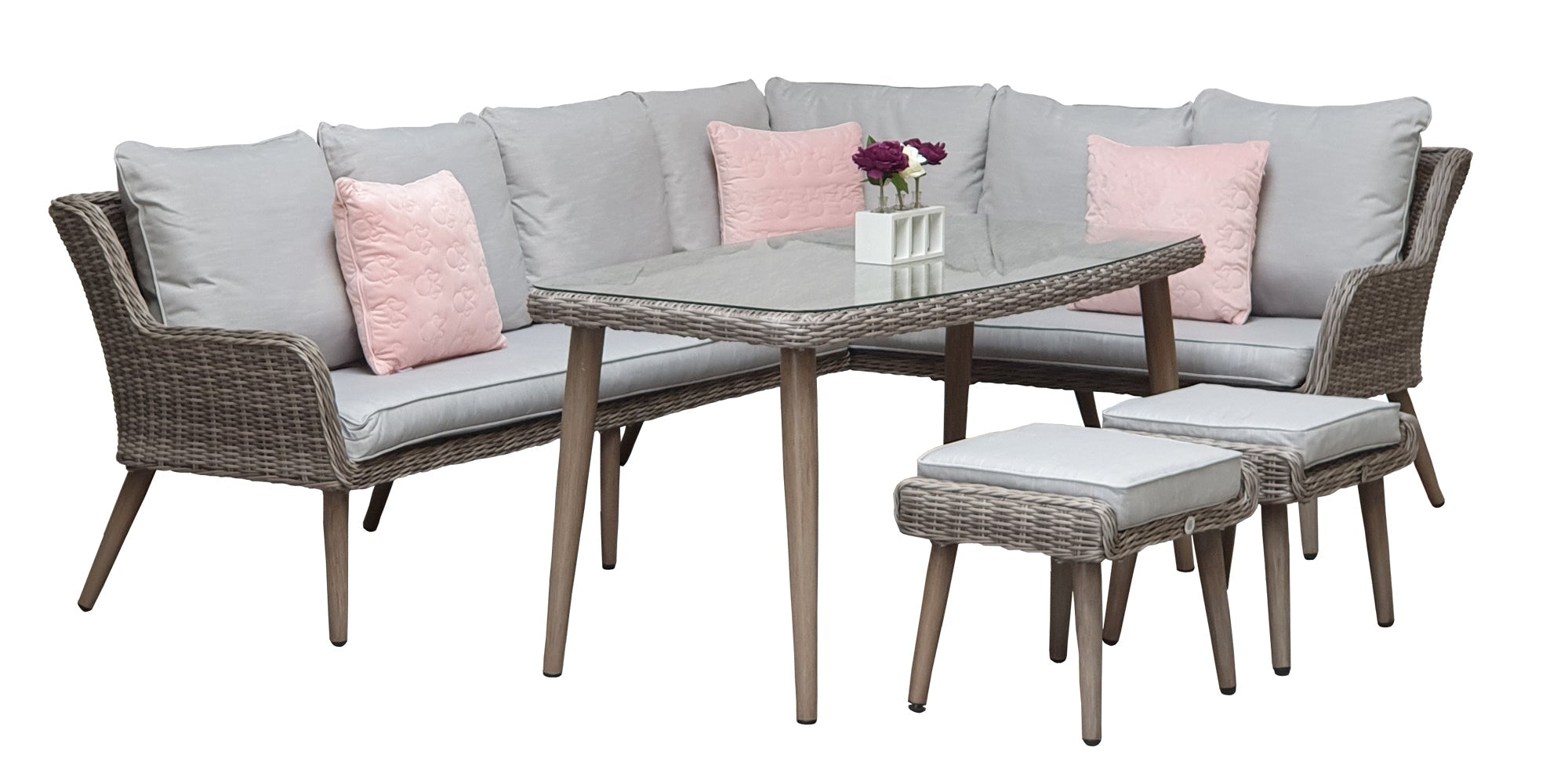 Danielle Corner Rattan Sofa With Dining Table 2 Ottomans DANI0347 Modern Rattan Ltd