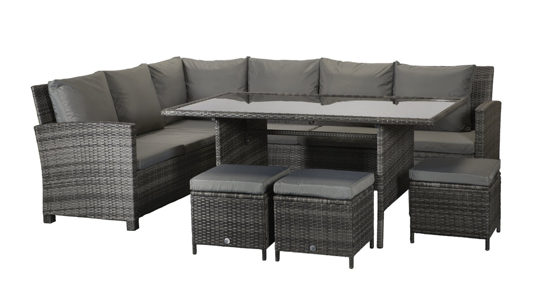 CHARLOTTE CORNER DINING SOFA WITH FIXED GLASS TOP TABLE – GREY WEAVE – CHAR0156 - Modern Rattan