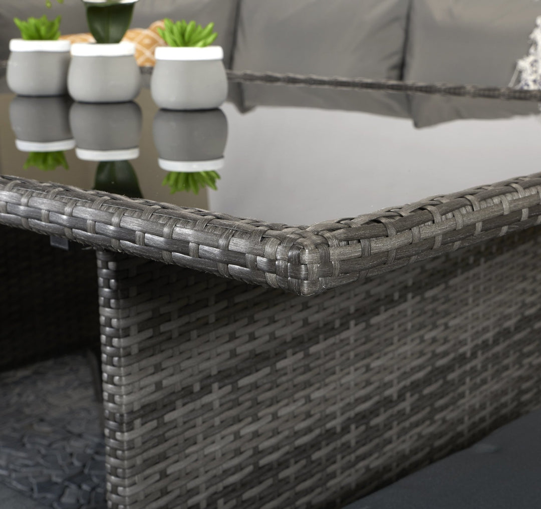 CHARLOTTE CORNER DINING SOFA WITH FIXED GLASS TOP TABLE – GREY WEAVE – CHAR0156 - Modern Rattan