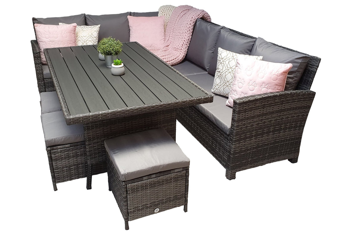 CHARLOTTE CORNER DINING SOFA WITH FIXED POLY WOOD TABLE – GREY WEAVE – CHAR0308 - Modern Rattan