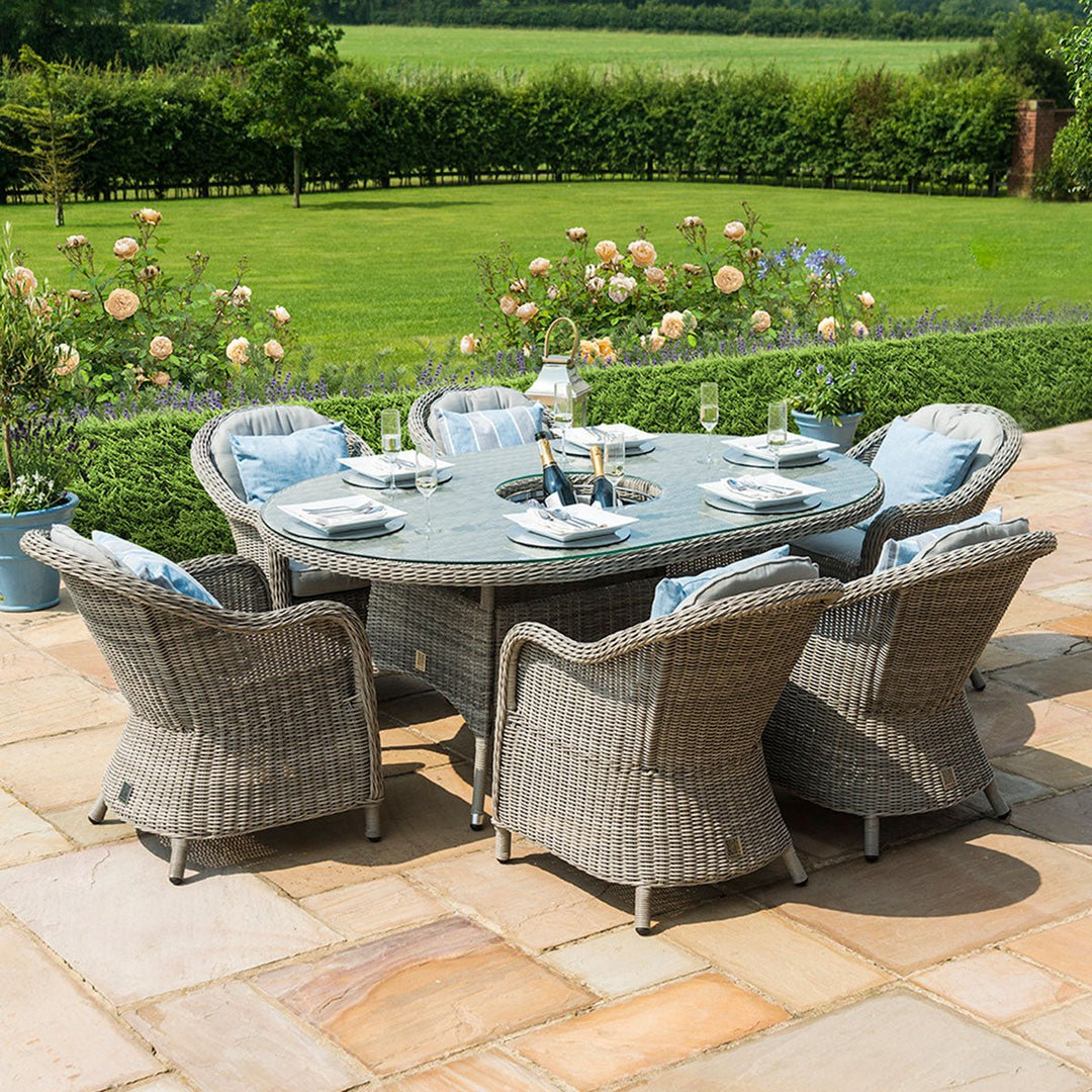 Oxford 6 Seat Oval Ice Bucket Dining Set with Heritage Chairs and Lazy Susan - Modern Rattan