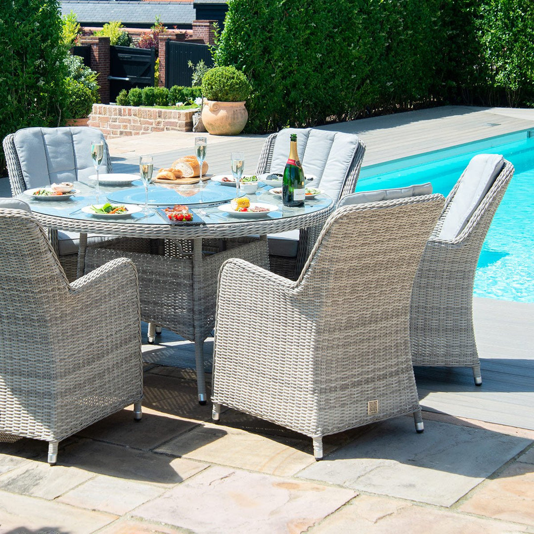 Oxford 6 Seat Round Fire Pit Dining Set with Venice Chairs and Lazy Susan - Modern Rattan