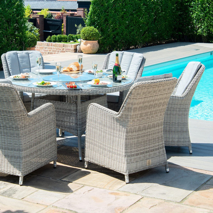 Oxford 6 Seat Round Fire Pit Dining Set with Venice Chairs and Lazy Susan - Modern Rattan