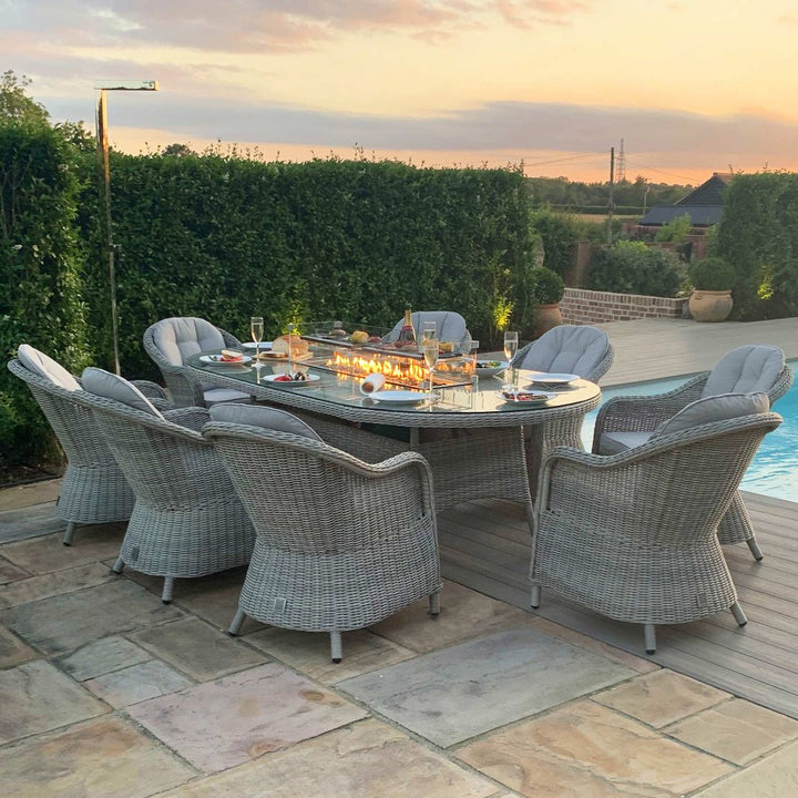 Oxford 8 Seat Oval Fire Pit Dining Set with Heritage Chairs - Modern Rattan