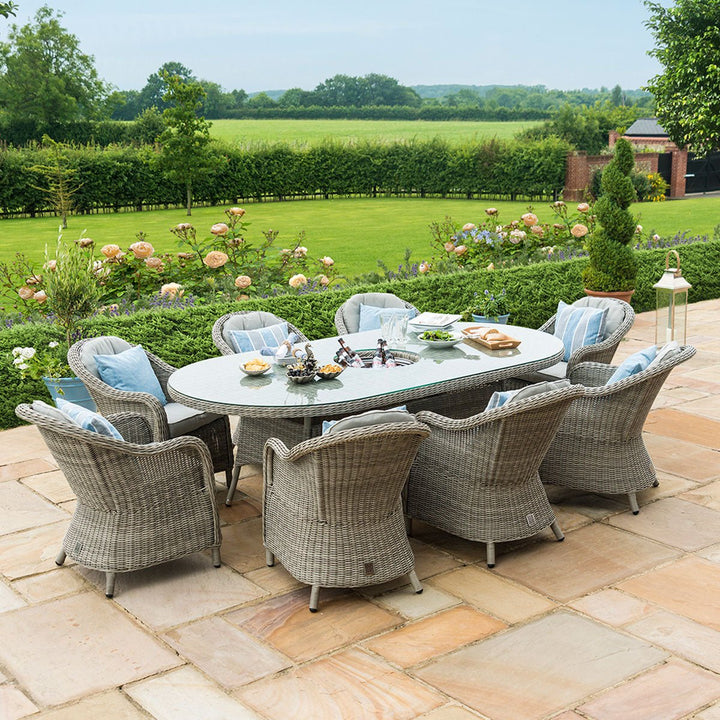 Oxford 8 Seat Oval Ice Bucket Dining Set with Heritage Chairs and Lazy Susan - Modern Rattan