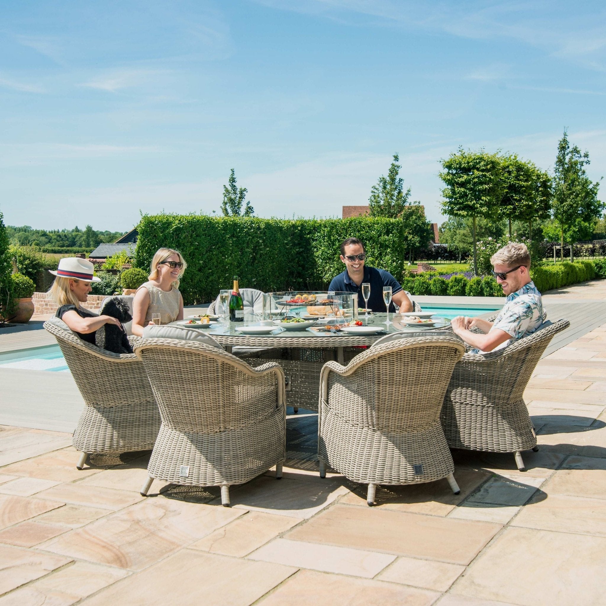 Maze Oxford 8 Seat Round Fire Pit Dining Set with Heritage Chairs an Modern Rattan Ltd