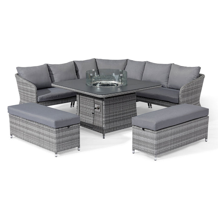 Santorini Deluxe Corner Dining Set with Fire Pit Table - Modern Rattan