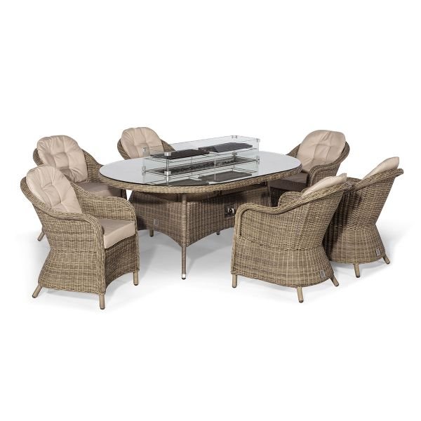Winchester 6 Seat Oval Fire Pit Dining Set with Heritage Chairs - Modern Rattan