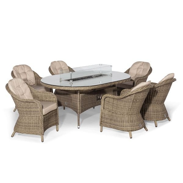 Winchester 6 Seat Oval Fire Pit Dining Set with Heritage Chairs - Modern Rattan