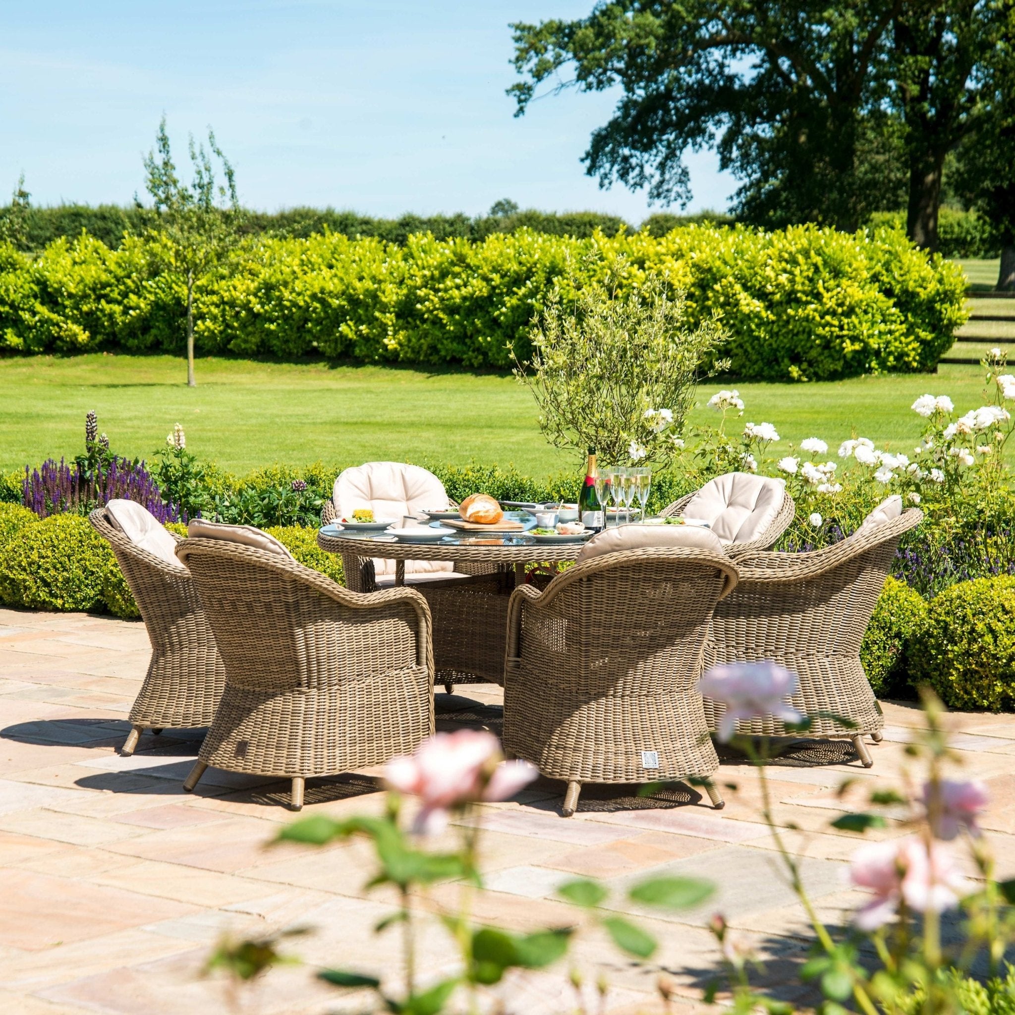 Maze Winchester 6 Seat Round Fire Pit Dining Set with Heritage Chair Modern Rattan Ltd