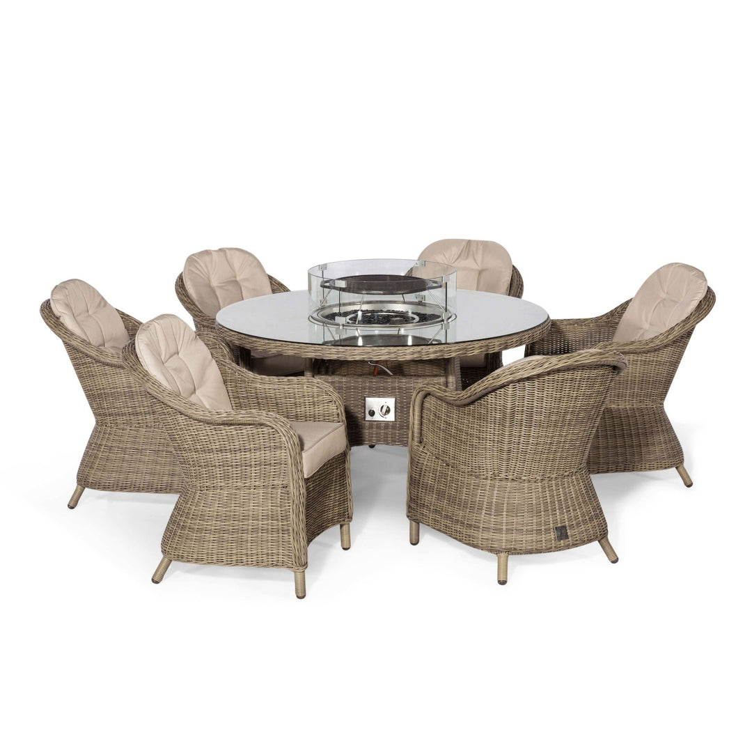 Winchester 6 Seat Round Fire Pit Dining Set with Heritage Chairs and Lazy Susan - Modern Rattan