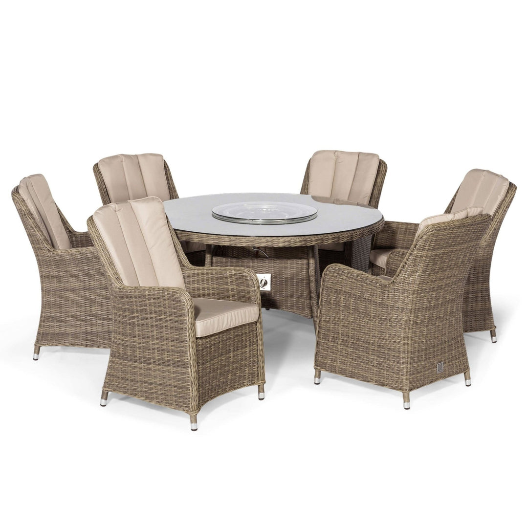 Winchester 6 Seat Round Fire Pit Dining Set with Venice Chairs and Lazy Susan - Modern Rattan