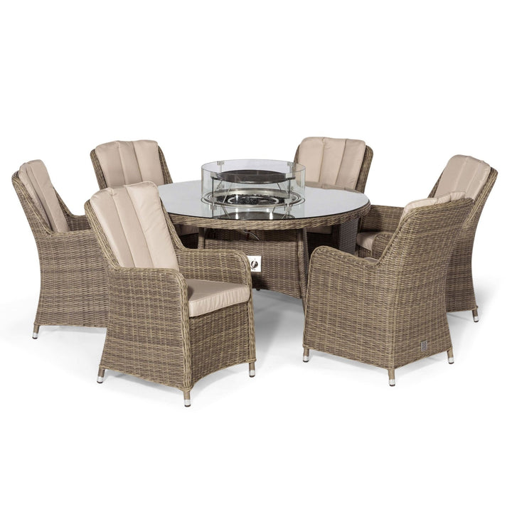 Winchester 6 Seat Round Fire Pit Dining Set with Venice Chairs and Lazy Susan - Modern Rattan