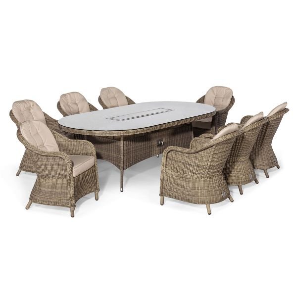 Winchester 8 Seat Oval Fire Pit Dining Set with Heritage Chairs - Modern Rattan
