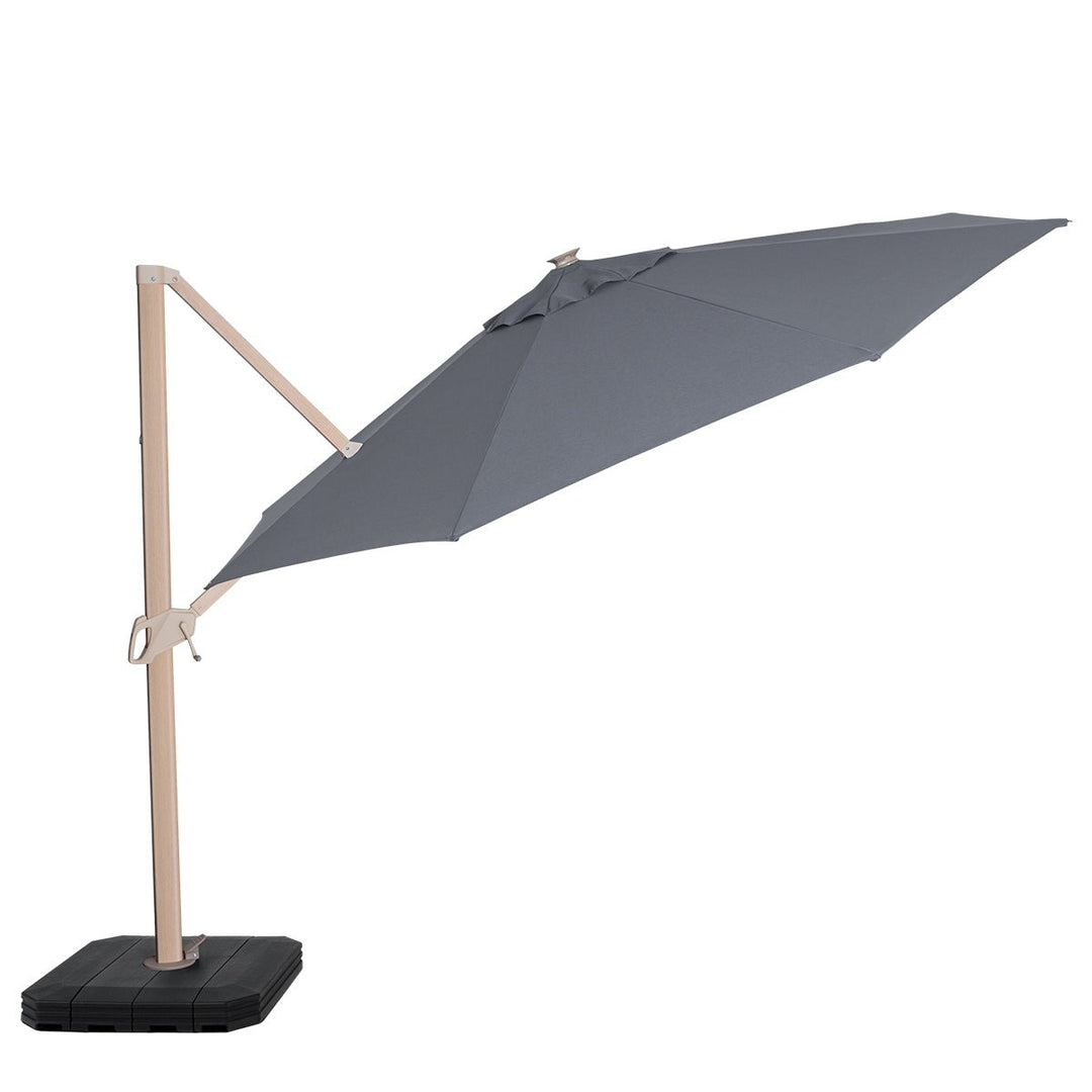 Zeus Cantilever Parasol 3.5m Round - With LED Lights & Cover - Wood Effect - Modern Rattan
